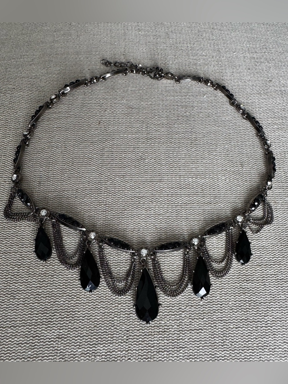 Black Rhinestone Teardrop Statement Necklace Gunmetal Chain